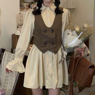 Double Breasted Vest / Long-sleeve Shirt Dress