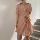 Striped Puff-sleeve A-line Polo Dress Stripe - One Size