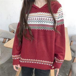Printed Hooded Long-sleeve Knit Top Red - One Size