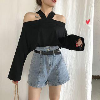 Plain Halter Long-sleeve Loose-fit Top