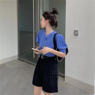Puff-sleeve Pointelle Knit Top / High-waist Cargo Shorts