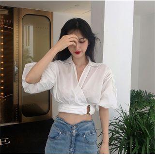 Lantern-sleeve V-neck Crisscross Open Back Cropped Top