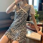 Puff-sleeve Floral V-neck Mini Dress