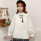 Long-sleeve Frog-buttoned Tasseled Frill Trim Blouse White - One Size