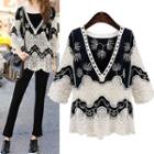 3/4 Sleeve Floral Printed Lace Blouse Black - One Size