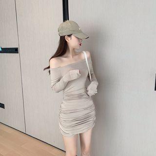 Off-shoulder Plain A-line Dress Nude - One Size