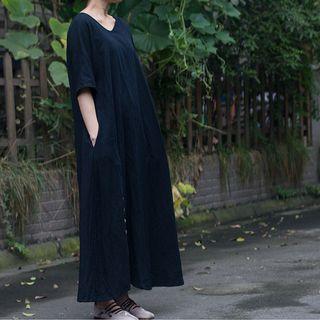 Short-sleeve Linen A-line Maxi Dress
