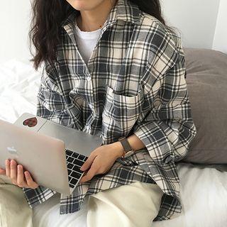 Oversized Plaid Shirt Plaid - Gray & White - One Size