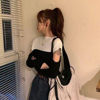 Two-tone Long-sleeve Knit Top As Shown In Figure - One Size