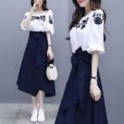 Set: Floral Blouse + A-line Midi Skirt