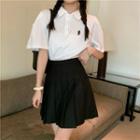 Short-sleeve Rabbit Embroidered Polo Shirt / Pleated Mini A-line Skirt
