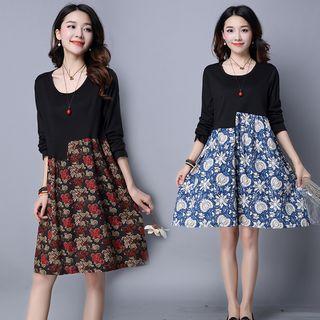 Floral Print Panel Long Sleeve Midi Dress
