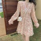 Long-sleeve Floral Print Ruffled Mini A-line Dress Pink - One Size