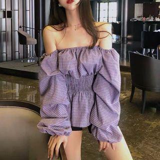 Plaid Off-shoulder Blouse Purple - One Size