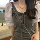 Short-sleeve Mock Two-piece Lace-up Blouse