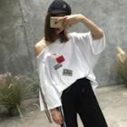 Applique Single Off-shoulder 3/4 Sleeve T-shirt