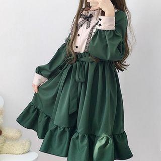 Two-tone Long-sleeve Ruffle Trim A-line Dress Dark Green - One Size