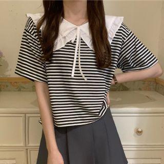Ruffle Trim Collar Striped T-shirt
