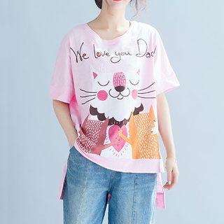 Elbow-sleeve Cat Print Dip-back T-shirt
