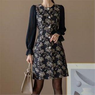 Button-front Floral Embroidered Dress