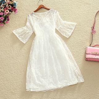 Set: Embroidered Mesh Elbow-sleeve A-line Dress + Spaghetti Strap Dress