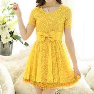 Short-sleeve Belted Lace Dress