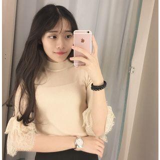 Lace Panel Elbow-sleeve Knit Top