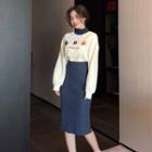 Mock-neck Fish Embroidered Pullover / High Waist Straight-fit Skirt