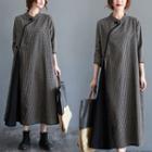 3/4-sleeve Checked Midi A-line Dress