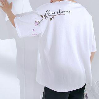 Floral & Lettering Embroidered Oversized Tee