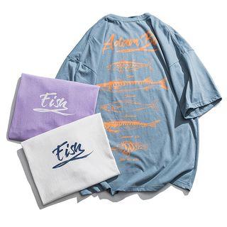 Couple Matching Elbow-sleeve Fish Printed T-shirt