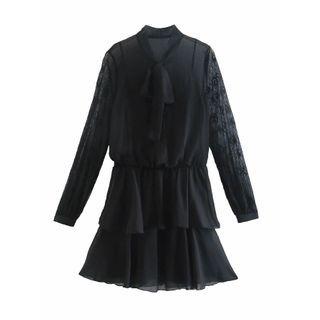 Long-sleeve Tie-neck Mesh Jumpsuit