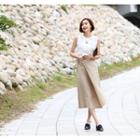 Wrap-front Linen Blend Midi Skirt