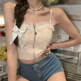 Sleeveless Bow-accent Zip-front Crop Top