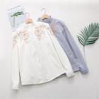 Long-sleeve Floral Embroidered Stand Collar Frill Trim Shirt