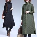 Long-sleeve Quilted Turtleneck Midi A-line Dress