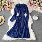 Tie-waist Long-sleeve Pleated Maxi Dress