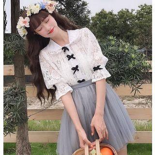 Bow Elbow-sleeve Lace Top / Mesh Mini Skirt