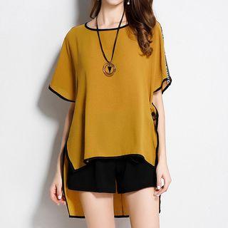 Set: Contrast Trim Short Sleeve Chiffon Blouse + Shorts