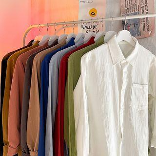 Long-sleeve Plain Pocket Front Crinkle Shirt