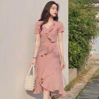 Polka Dot Short-sleeve Ruffle A-line Dress