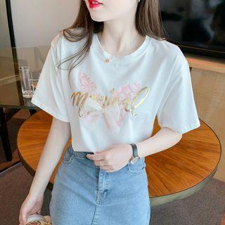 Short-sleeve Lettering Bow Accent T-shirt