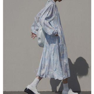 Puff-sleeve Tie-dyed Midi Shirtdress