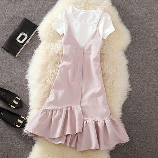 Set: Plain Short Sleeve T-shirt + Plaid Spaghetti Strap Dress