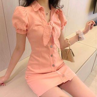 Short-sleeve Tie-neck A-line Mini Shirtdress