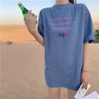 Elbow-sleeve Rose Print T-shirt Blue - One Size