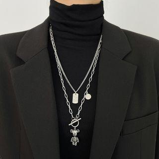 Set: Bear Necklace + Lettering Pendant Necklace Set Of 2 - Silver - One Size