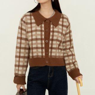 Collared Gingham Cardigan Light Blue - One Size