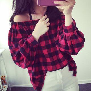 Gingham Balloon-sleeve Blouse Red - One Size