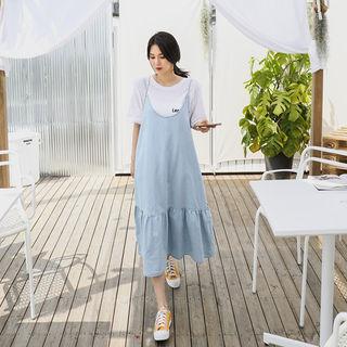 Spaghetti-strap Ruffle-hem Long Denim Dress